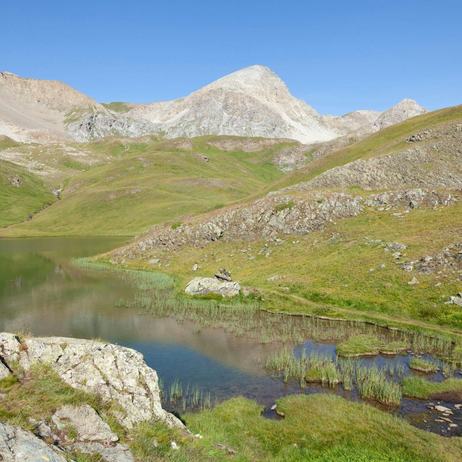 Tranquil mountain landscape with clear skies and a serene stream in Cervières, France.